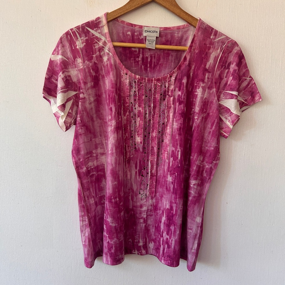 Chicos Blouse Womens Large Pink Abstract Beaded Ruffle Short Sleeve Boho